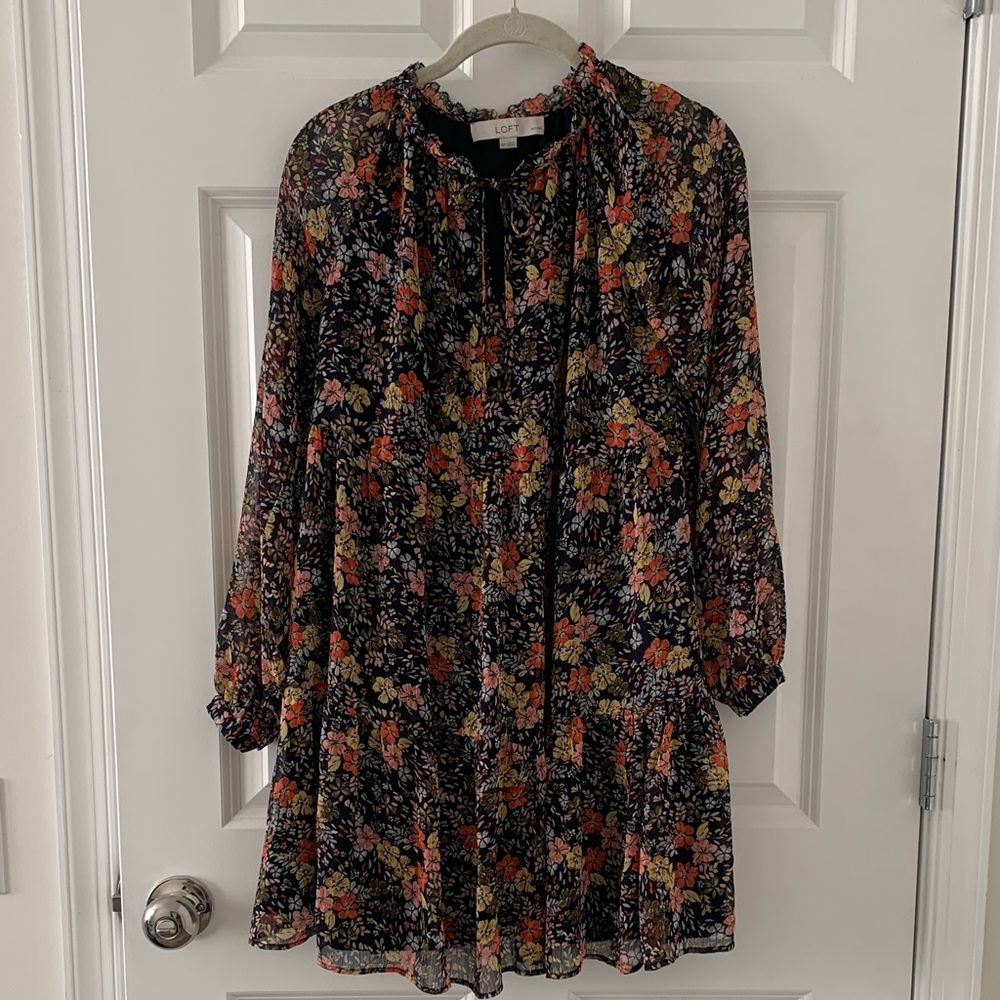 LOFT Multicolor Floral Tie-Neck Dress XSP